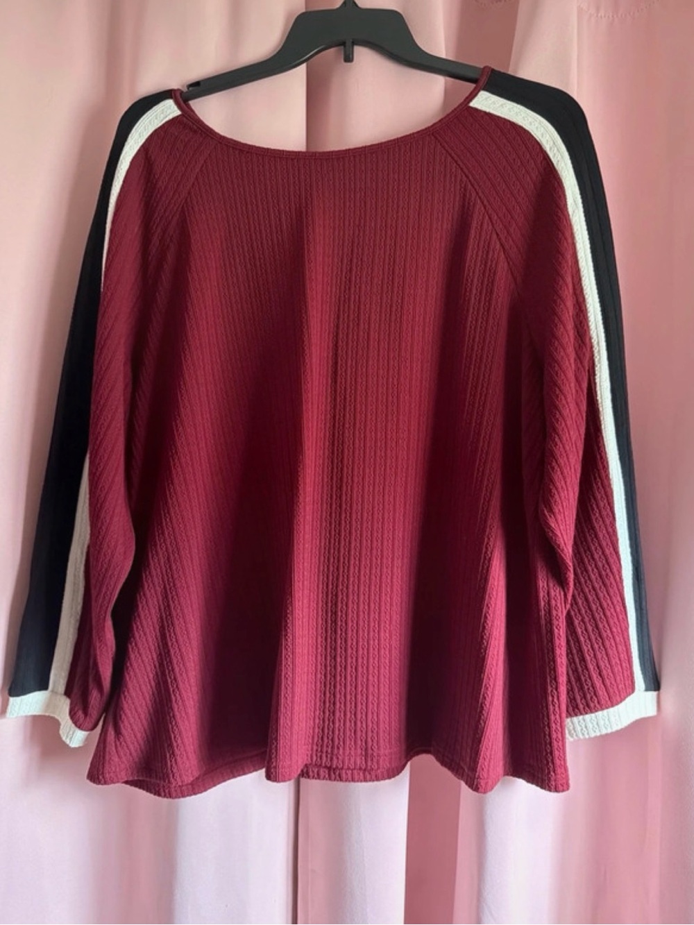 BloomChic Burgundy Top with Black & White Sleeve Stripes